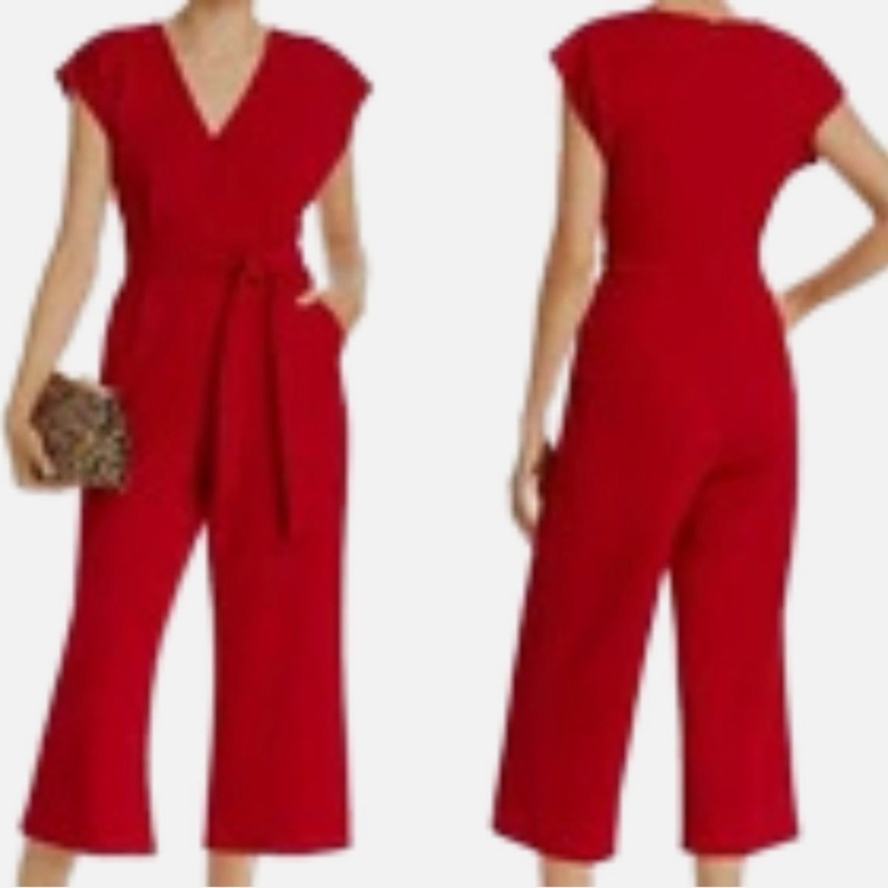 NWT Aqua 4 Bloomingdales Red Wine Wide Leg Cropped Jumpsuit Tie Waist Stretch Sm
